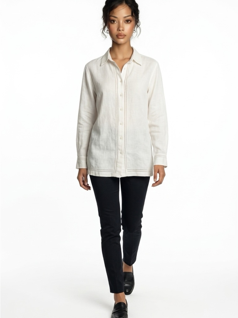 DKNY Jeans Linen Button Down Women'sM  Cream Front Long-Sleeve Minimalist Shirt